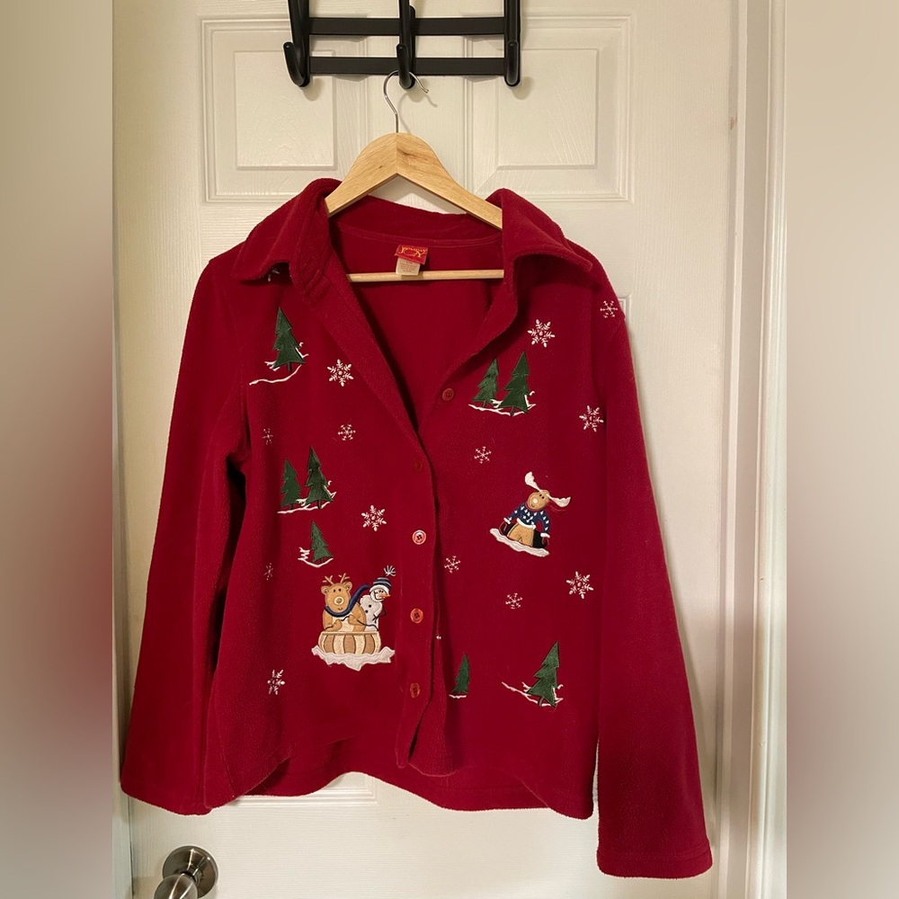 Red Christmas Themed Button-Up Fleece Shirt Jacket